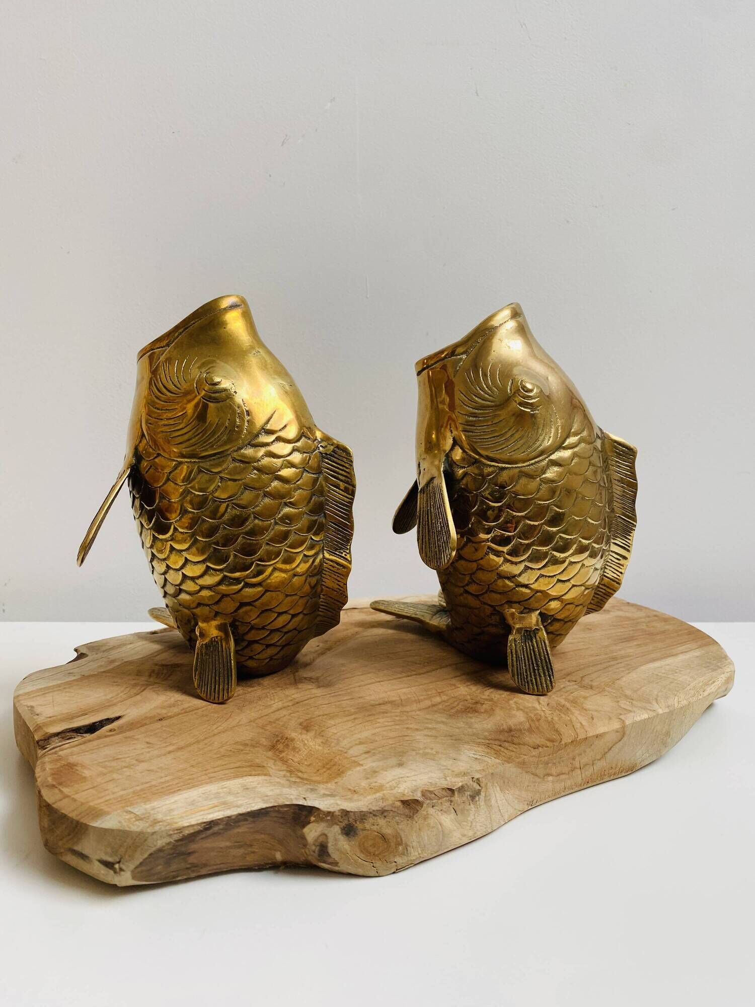 Pair of koi carp vases in brass, animal sculpture