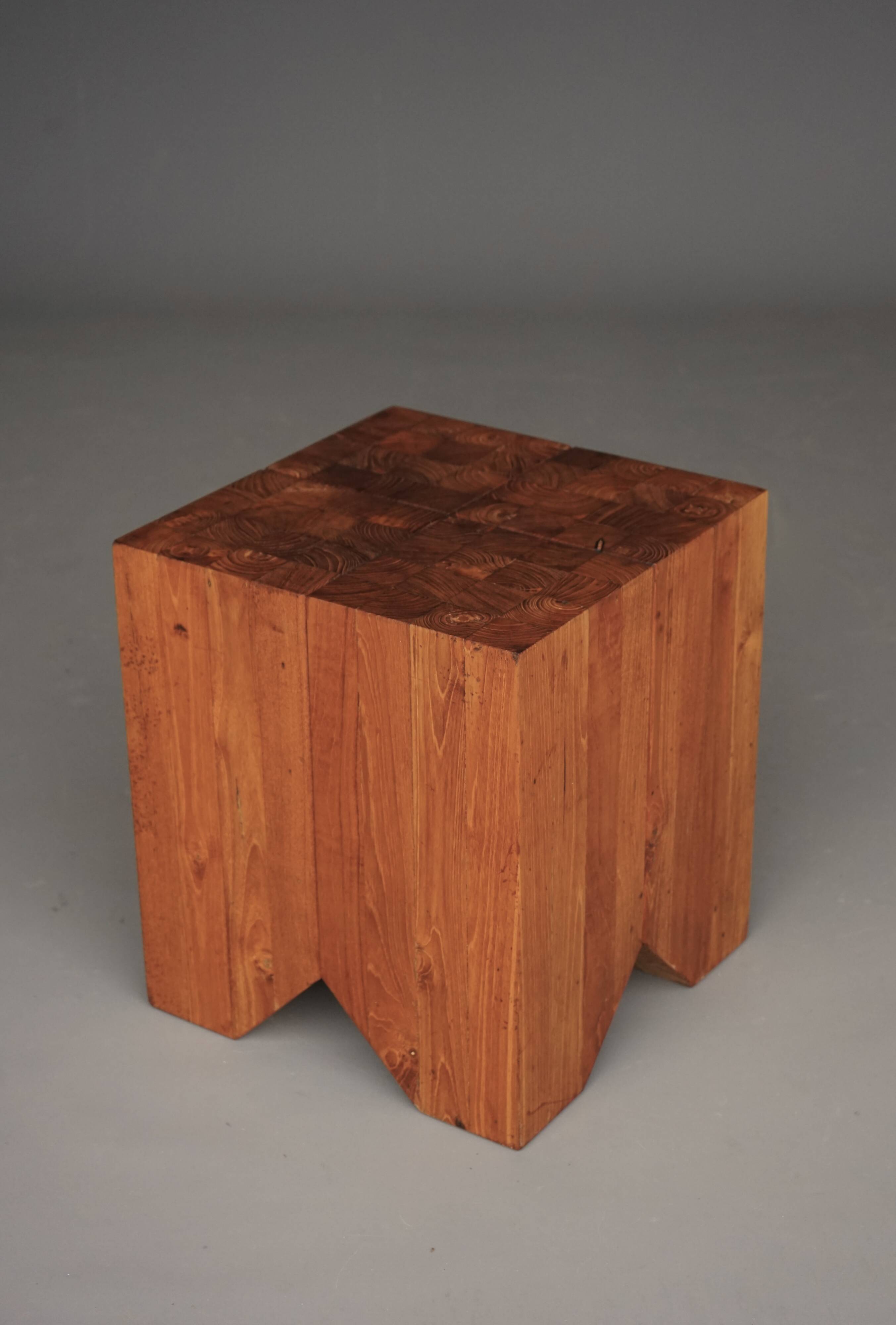 Brutalist solid Teak wood Stool or Side Table. 1990s