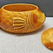 Old tureen yellow fish earthenware Sarreguemines France Slip