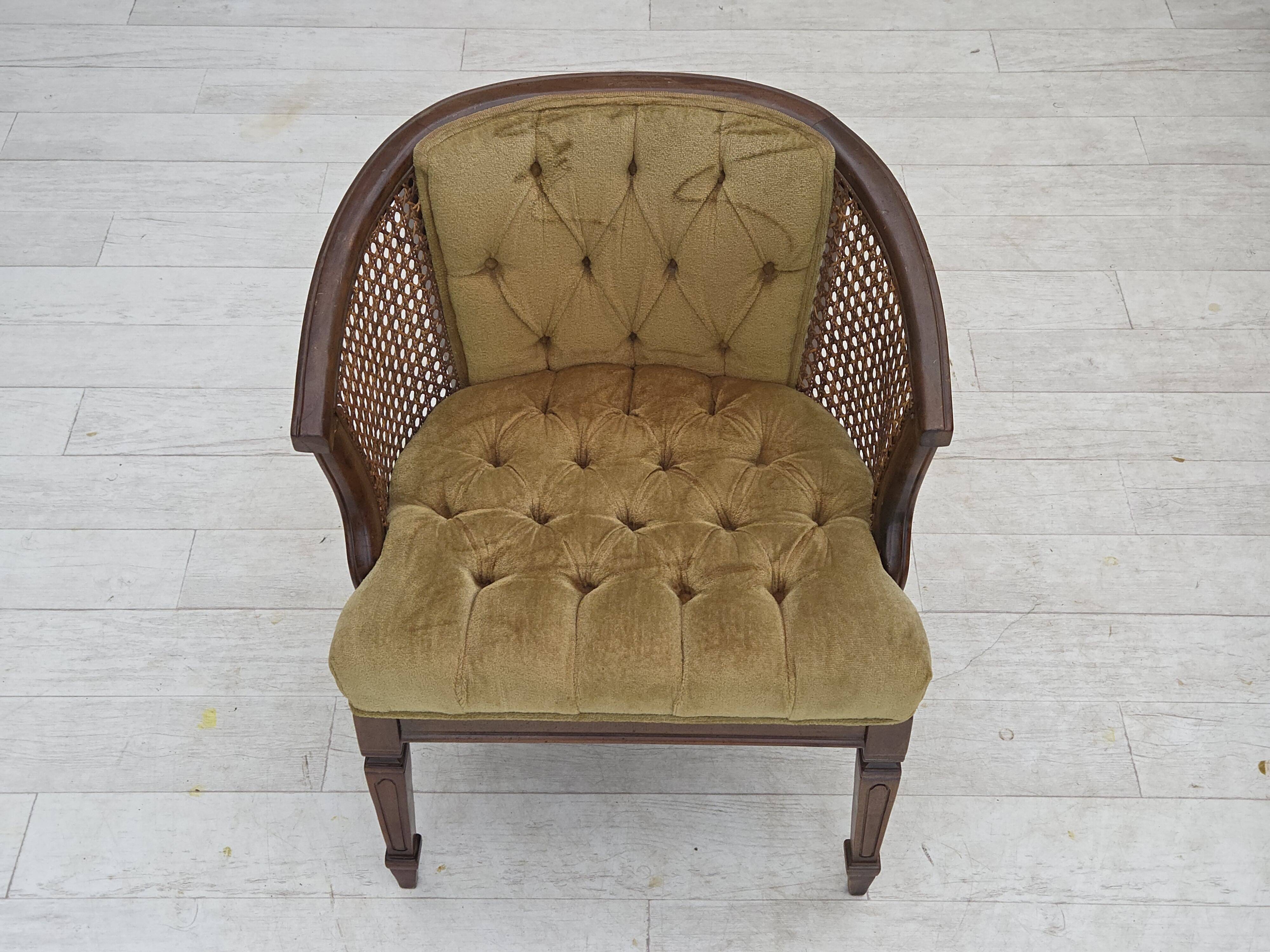 1950s, Danish easy chair, furniture velour, furniture mesh, oak wood.