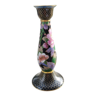 Decorative Chinese torch candle holder in cloisonné enamel. Floral motifs/orchids, golden scales
