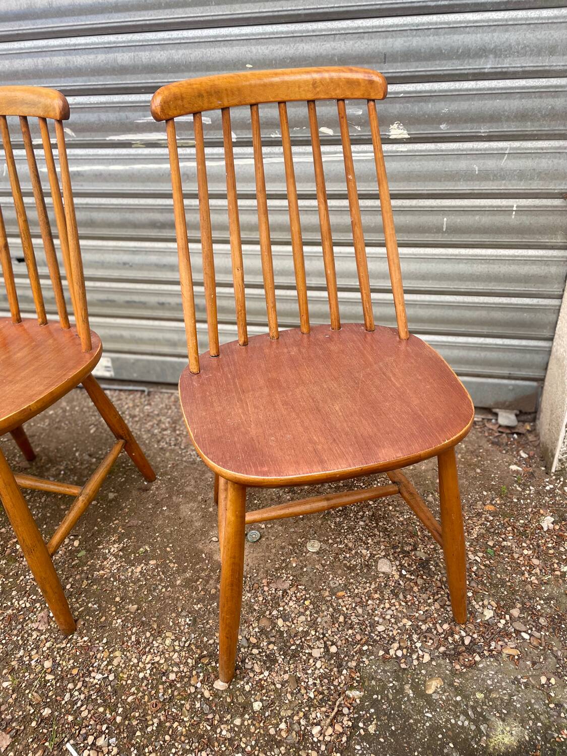 Set of 4 vintage beech chairs with teak seat