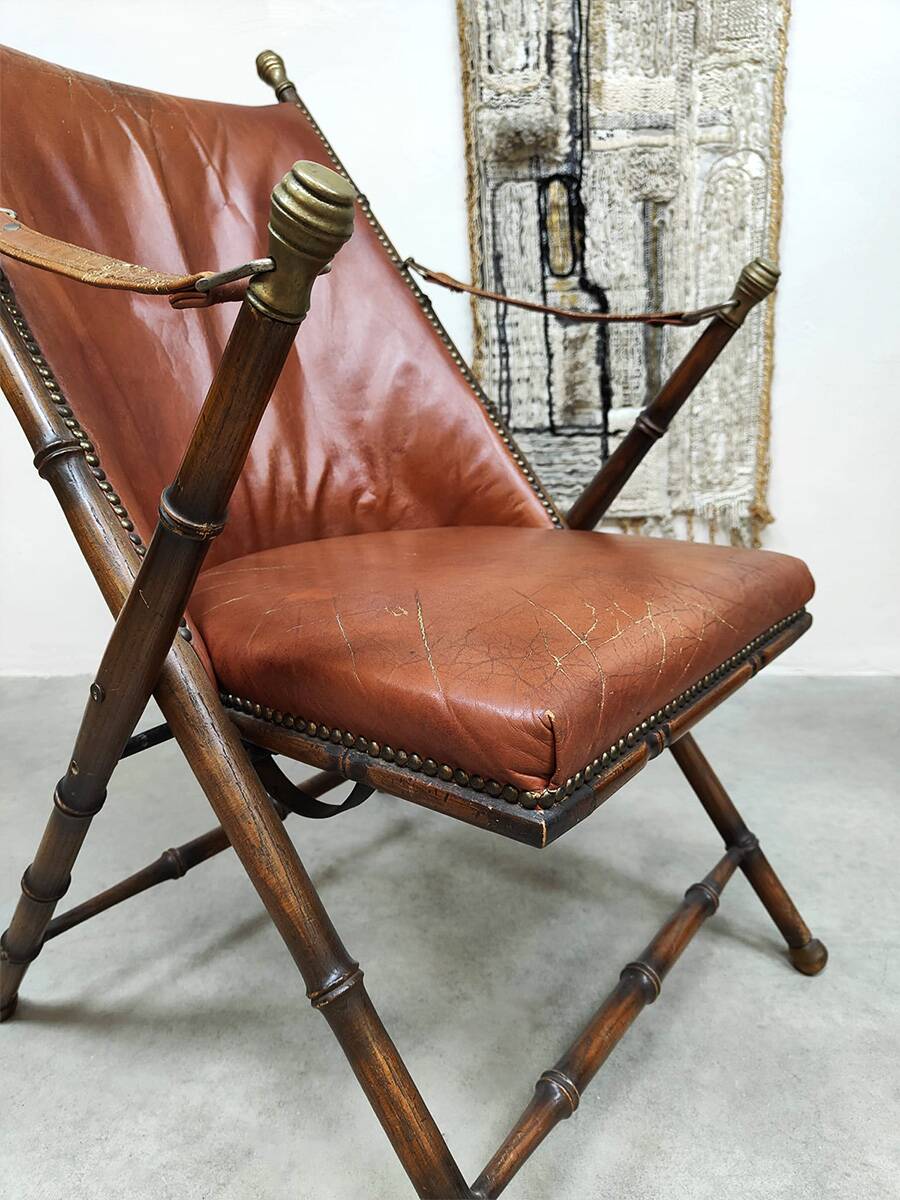 Vintage faux bamboo leather folding chair 'Safari style'