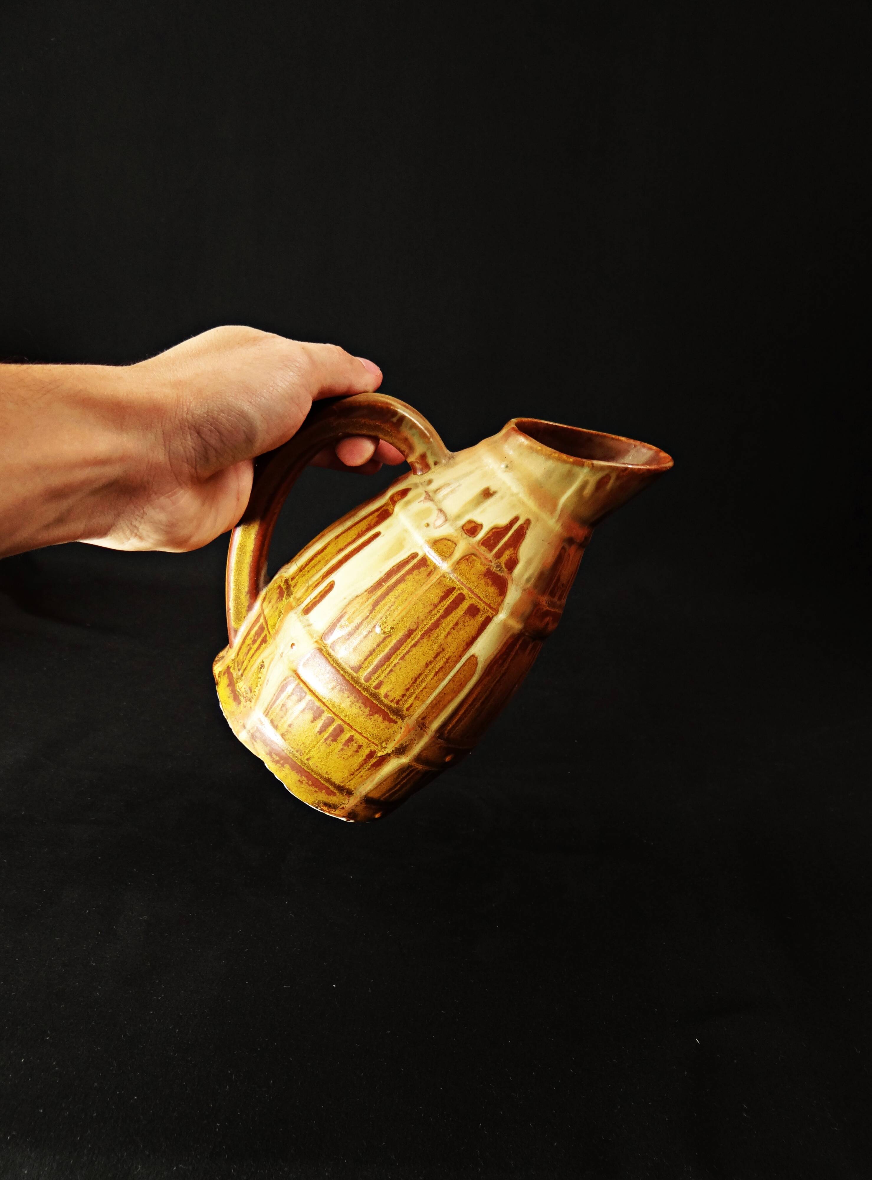 Antique pitcher jug signed Denbac n°437 in flamed stoneware, Art Deco period