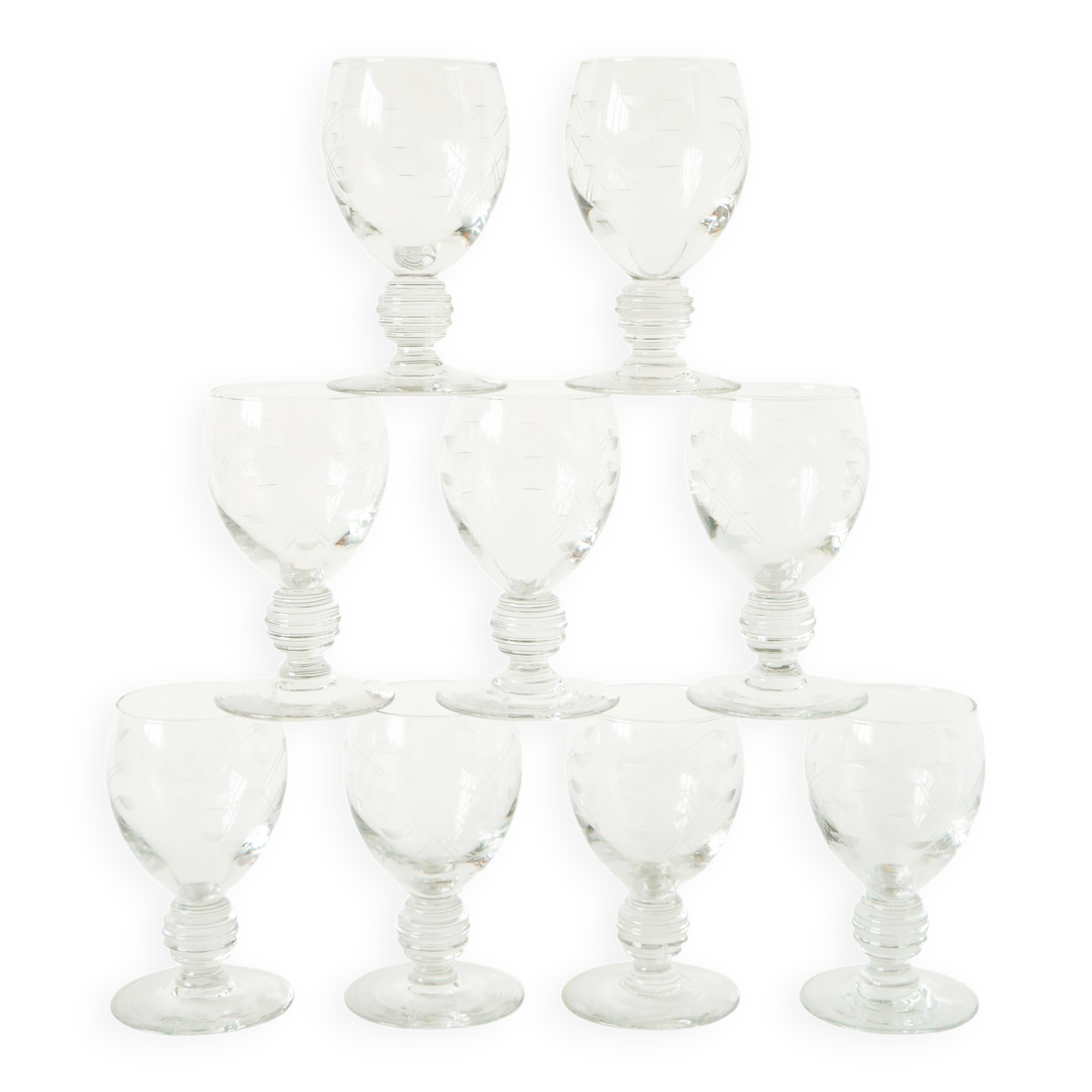 Set of 9 liqueur glasses with engraved crystal stems, Art Nouveau 1910