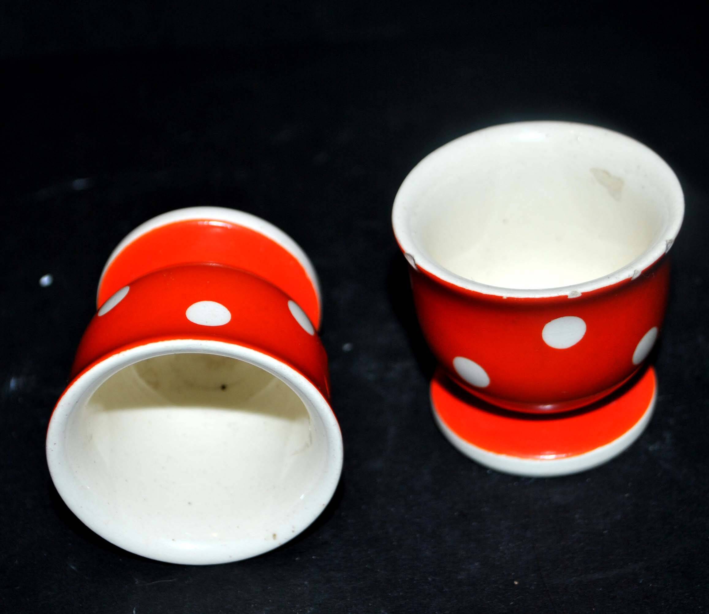Set of 2 vintage egg cups in red earthenware with white polka dots 5cm