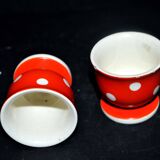 Set of 2 vintage egg cups in red earthenware with white polka dots 5cm