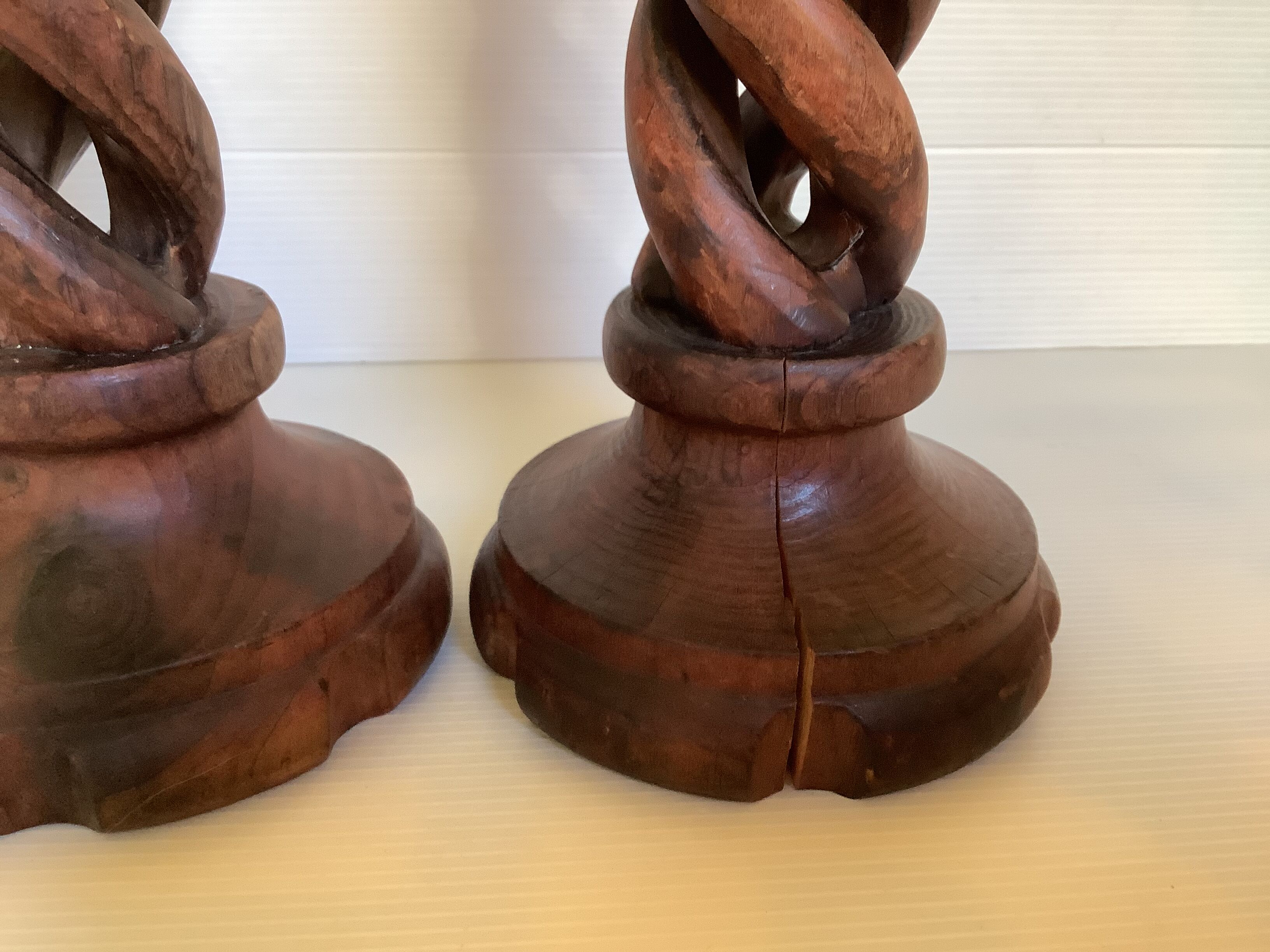Pair of candlesticks picnic candle in twisted turned wood