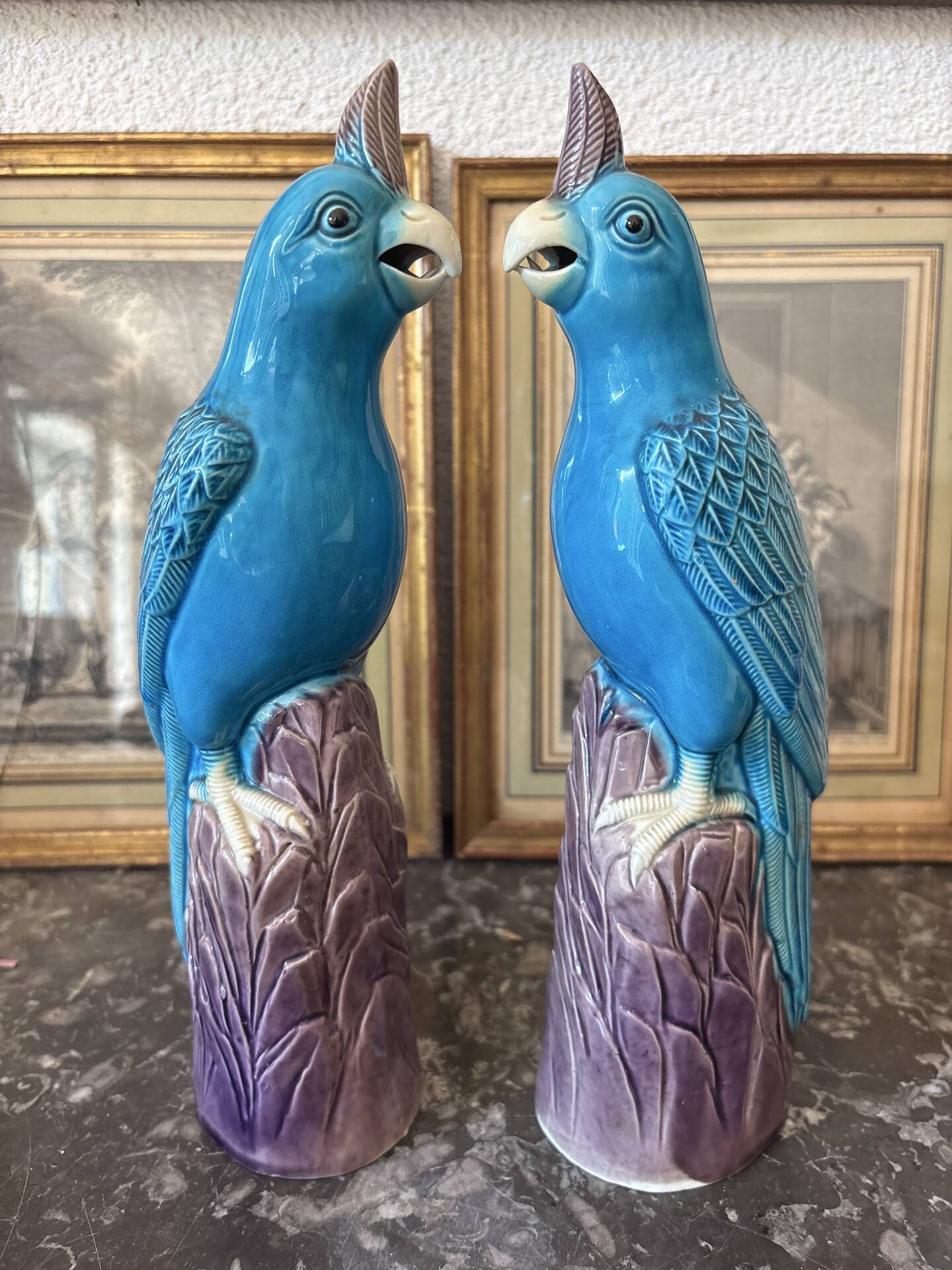 Rare pair of enamelled Chinese porcelain cockatoo parrots.