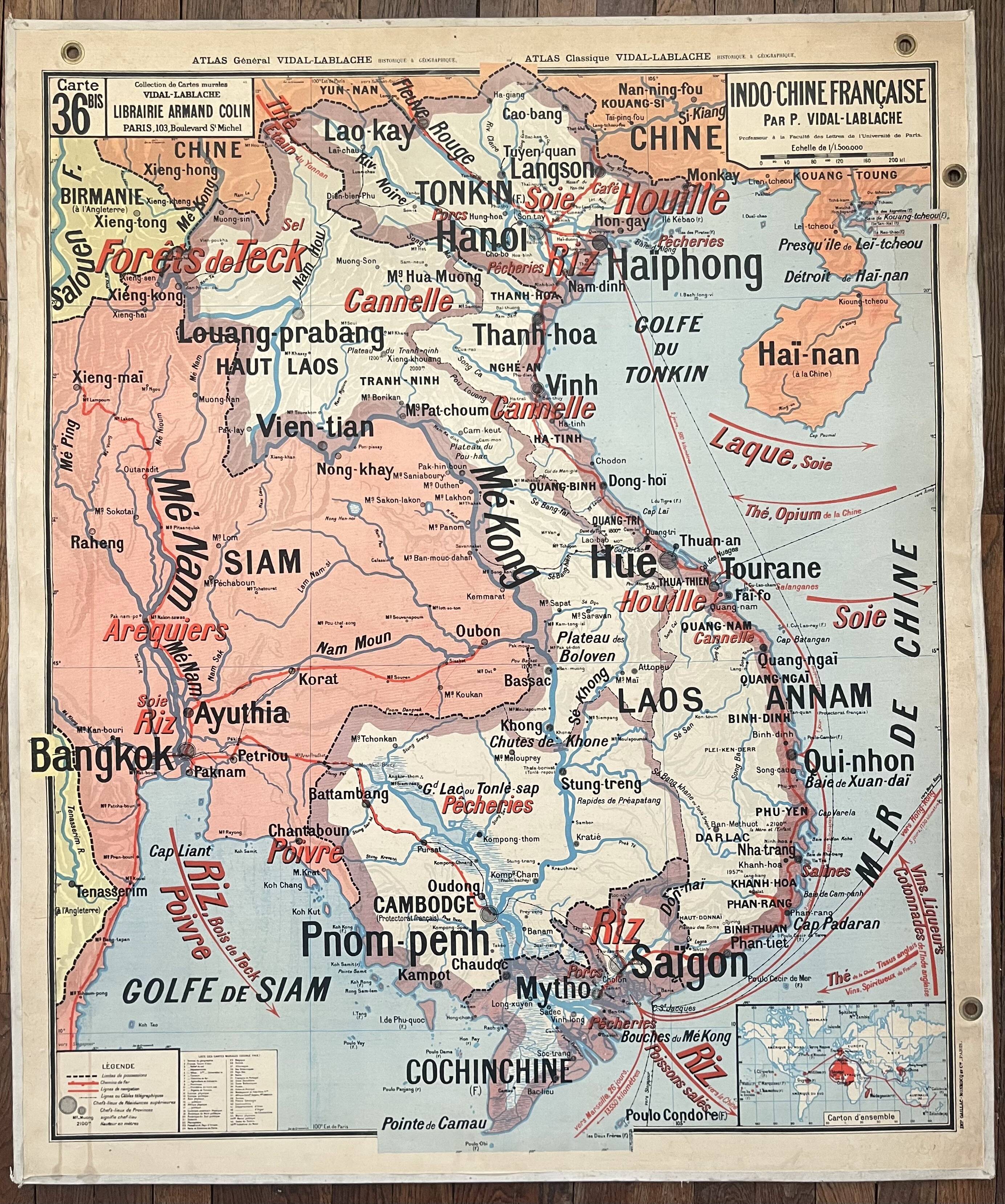 Old school map Vidal-Lablache 36, 1930, T46 – French Indochina