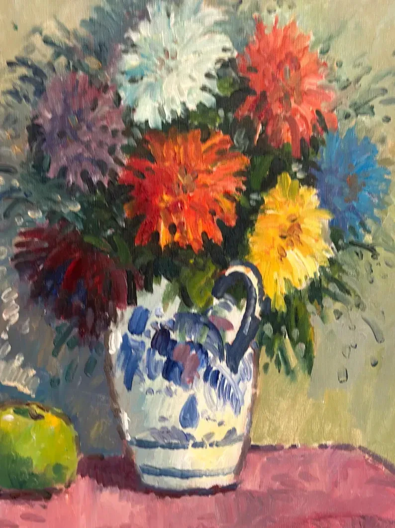 Original Swedish Oil on Canvas – “Asters in a Ceramic Vase” by Eric Lundgren – Signed – Vintage and Framed – 60 × 54 cm (23.6" × 21.3")