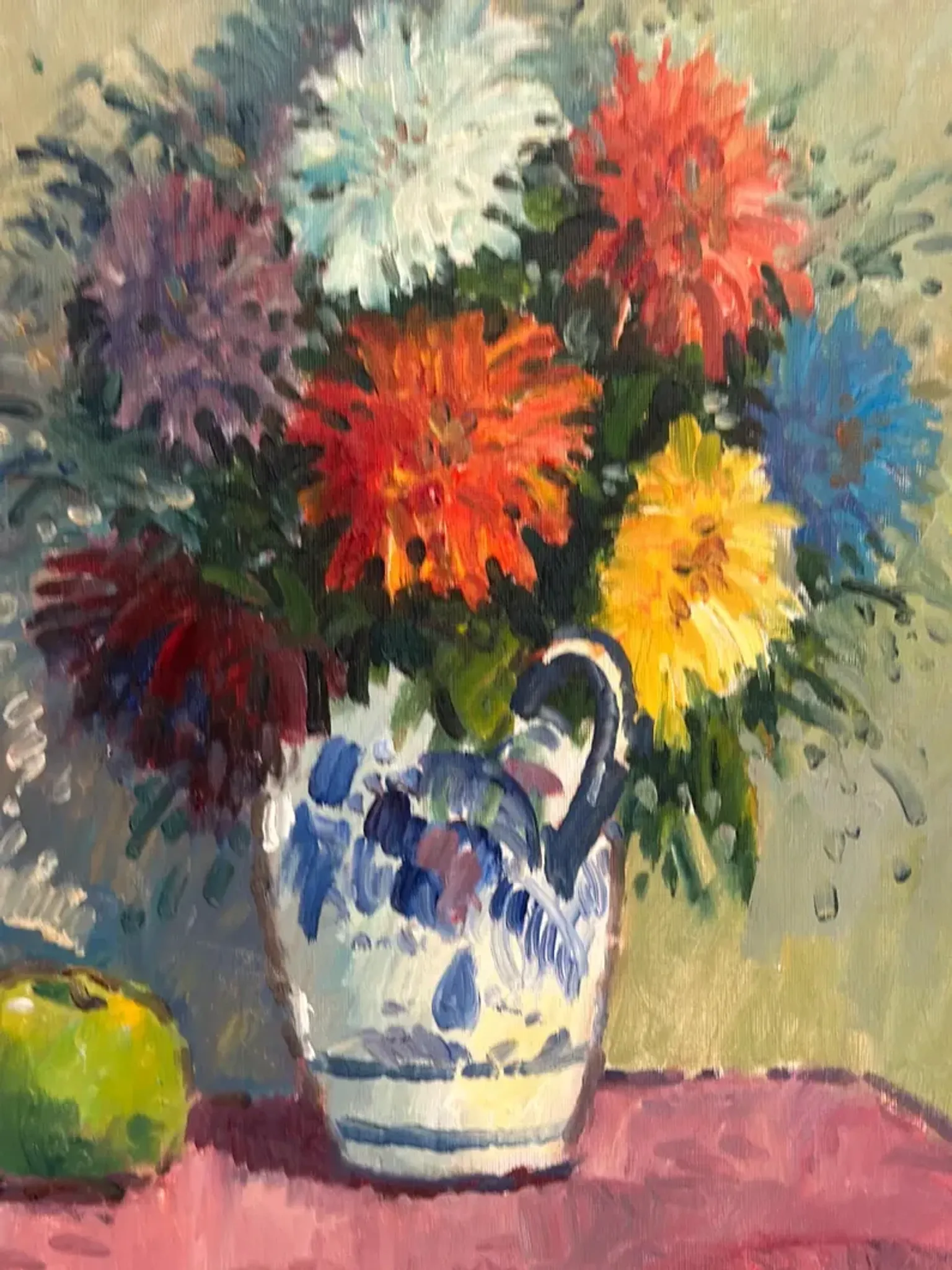 Original Swedish Oil on Canvas – “Asters in a Ceramic Vase” by Eric Lundgren – Signed – Vintage and Framed – 60 × 54 cm (23.6" × 21.3")