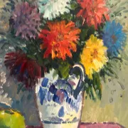 Original Swedish Oil on Canvas – “Asters in a Ceramic Vase” by Eric Lundgren – Signed – Vintage and Framed – 60 × 54 cm (23.6" × 21.3")