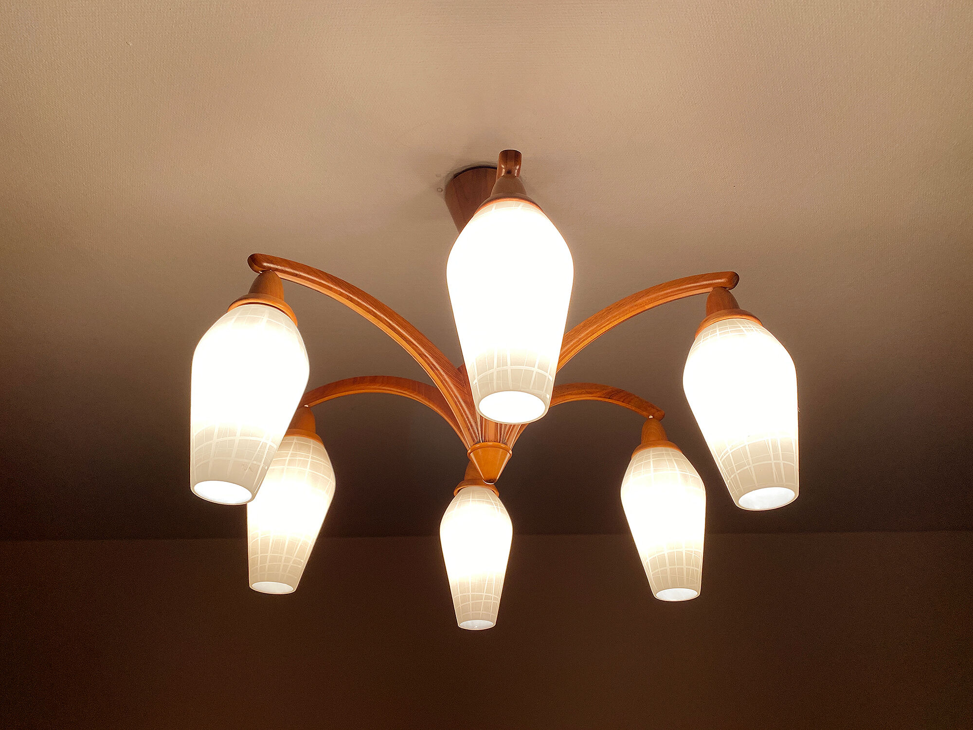 Vintage Pendant Lamp Scandinavian Temde, Wood and Opal Glass, 60s