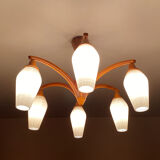 Vintage Pendant Lamp Scandinavian Temde, Wood and Opal Glass, 60s