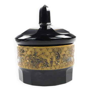 Art Deco bonbonniere, black glass, oroplasty, Czechoslovakia, 1930s
