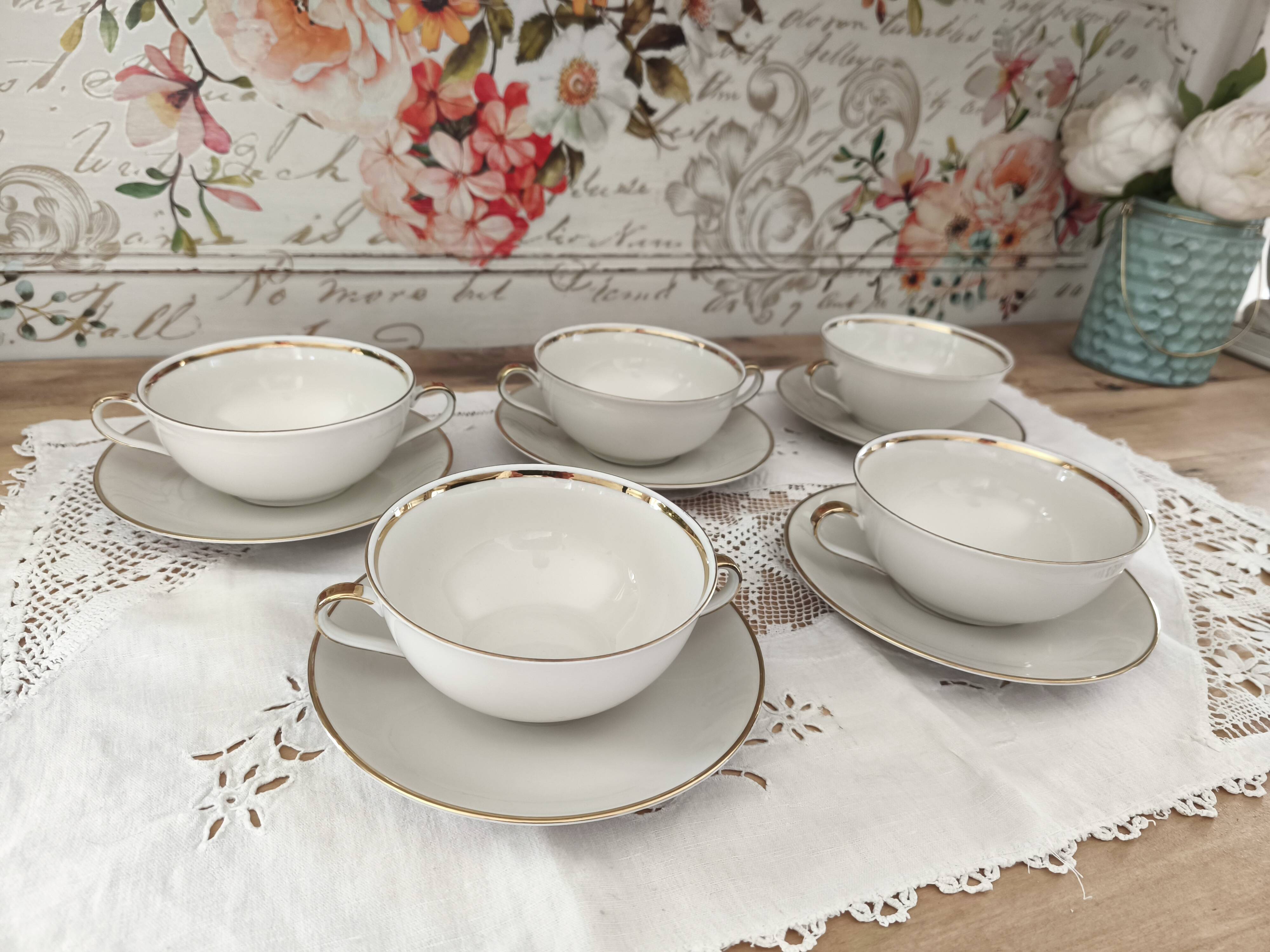 Set of 5 Bavaria porcelain soup bowls with 2 handles, beige, gold edging