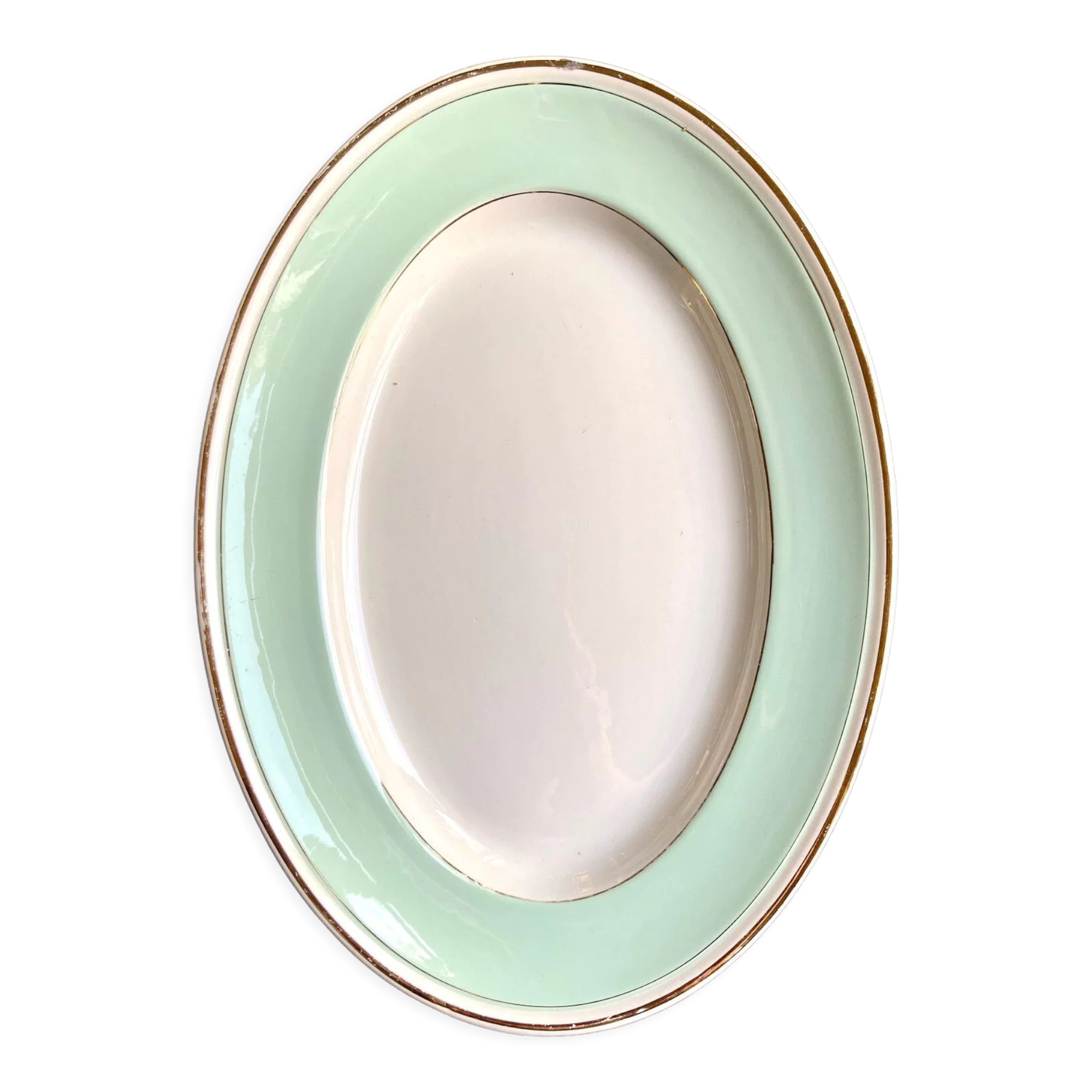 Luneville oval dish in water-green and golden opaque porcelain