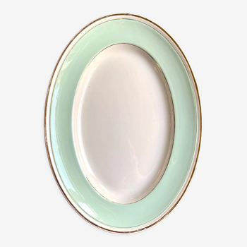 Plat ovale luneville en porcelaine opaque vert d’eau et dorée