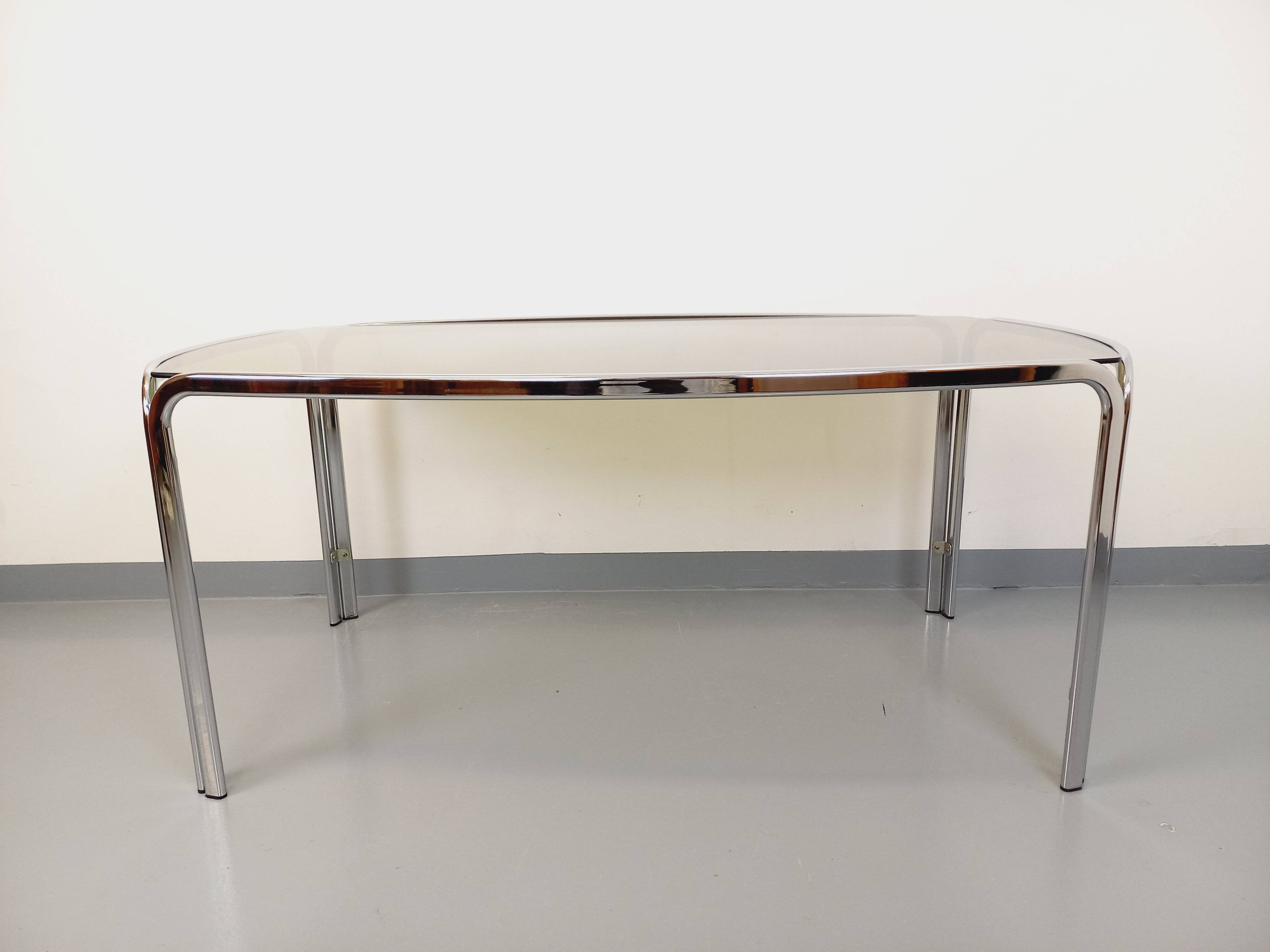 Vintage curved rectangular dining table in smoked glass and chrome metal