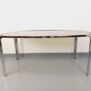 Vintage curved rectangular dining table in smoked glass and chrome metal