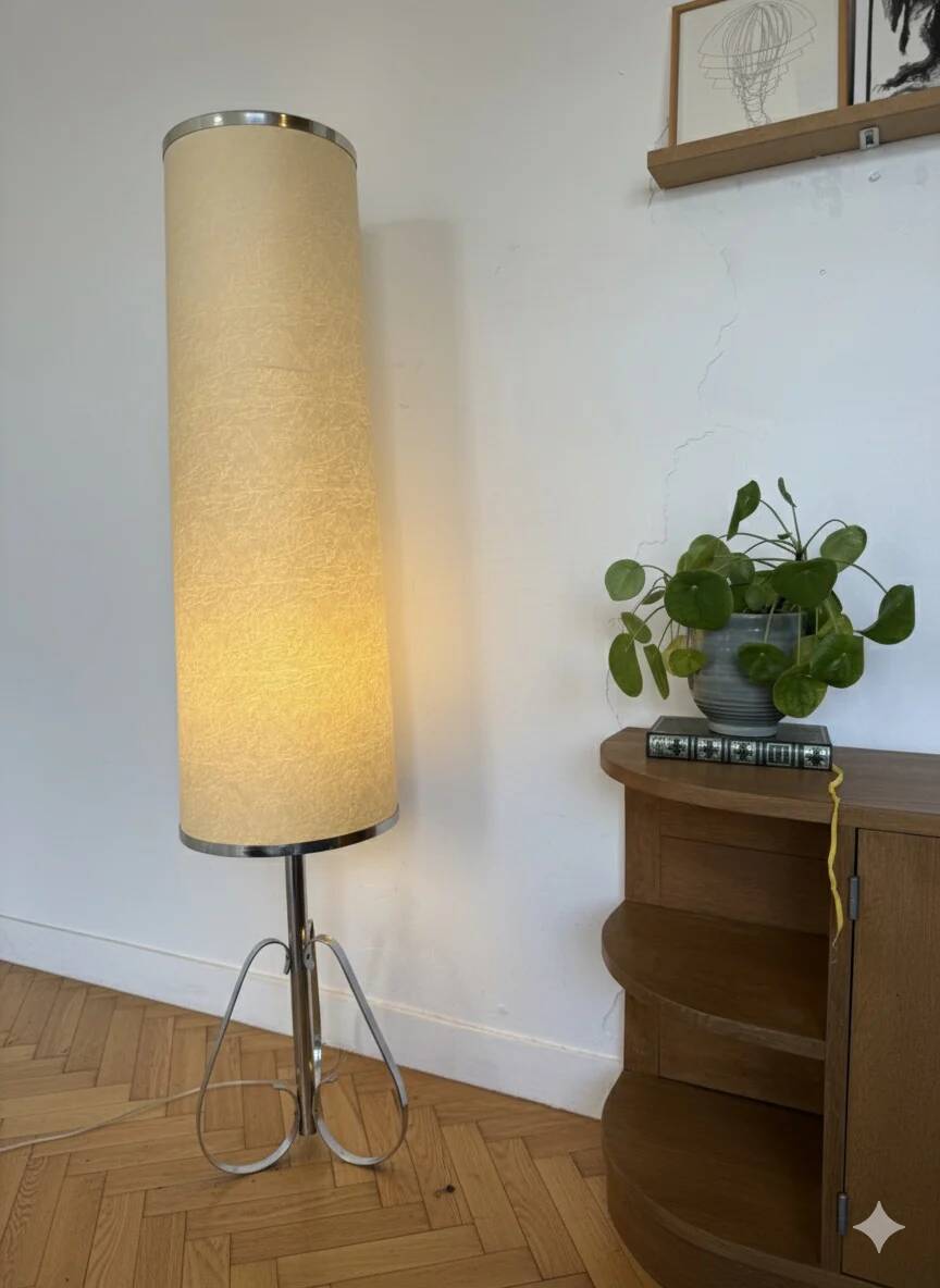 Vintage chrome lamp / floor lamp with its metal-edged shade