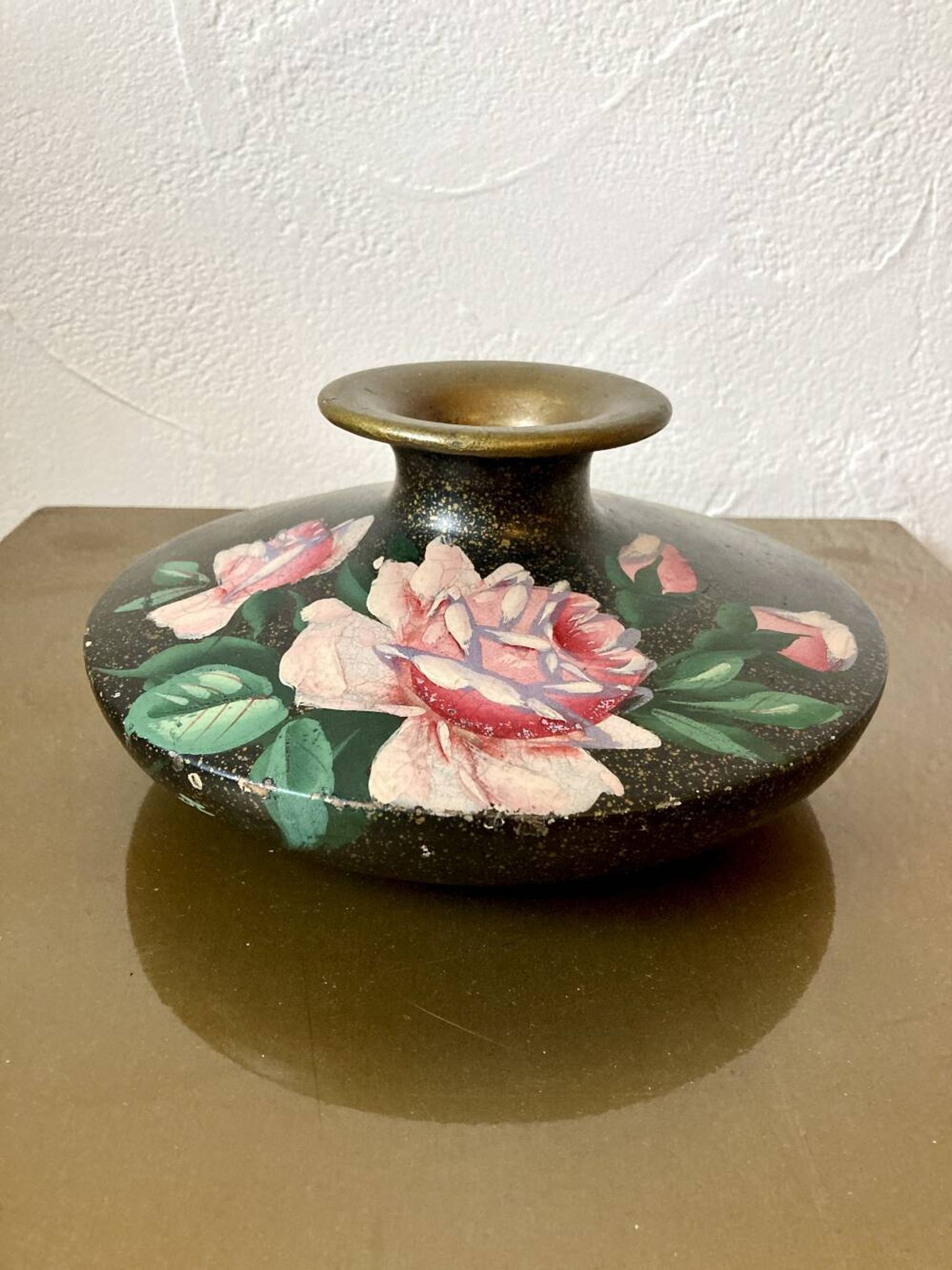 Painted terracotta vase signed with rose motifs, 1950s-1960s.