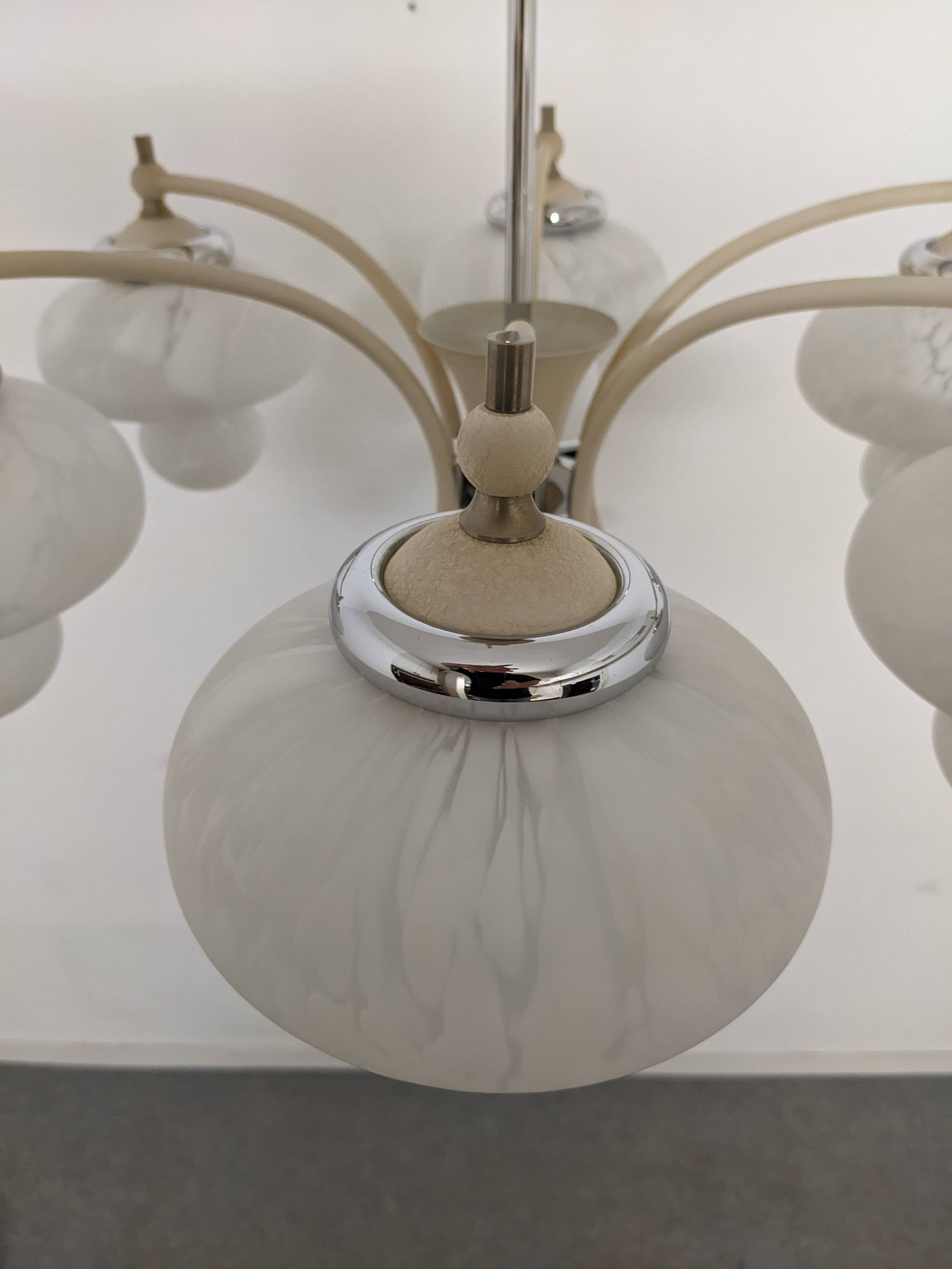 Space age chandelier with 6 frosted glass lights, Eastern Europe circa 1950.