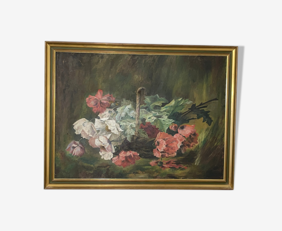 Huile sur toile nature morte aux coquelicots