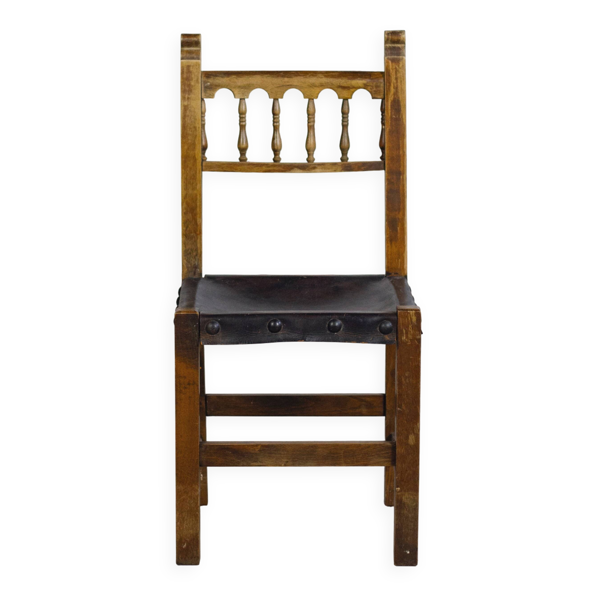 Chaise brutaliste bois et cuir espagnol, 1950