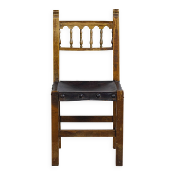 Brutalist chair in wood and Spanish leather, 1950