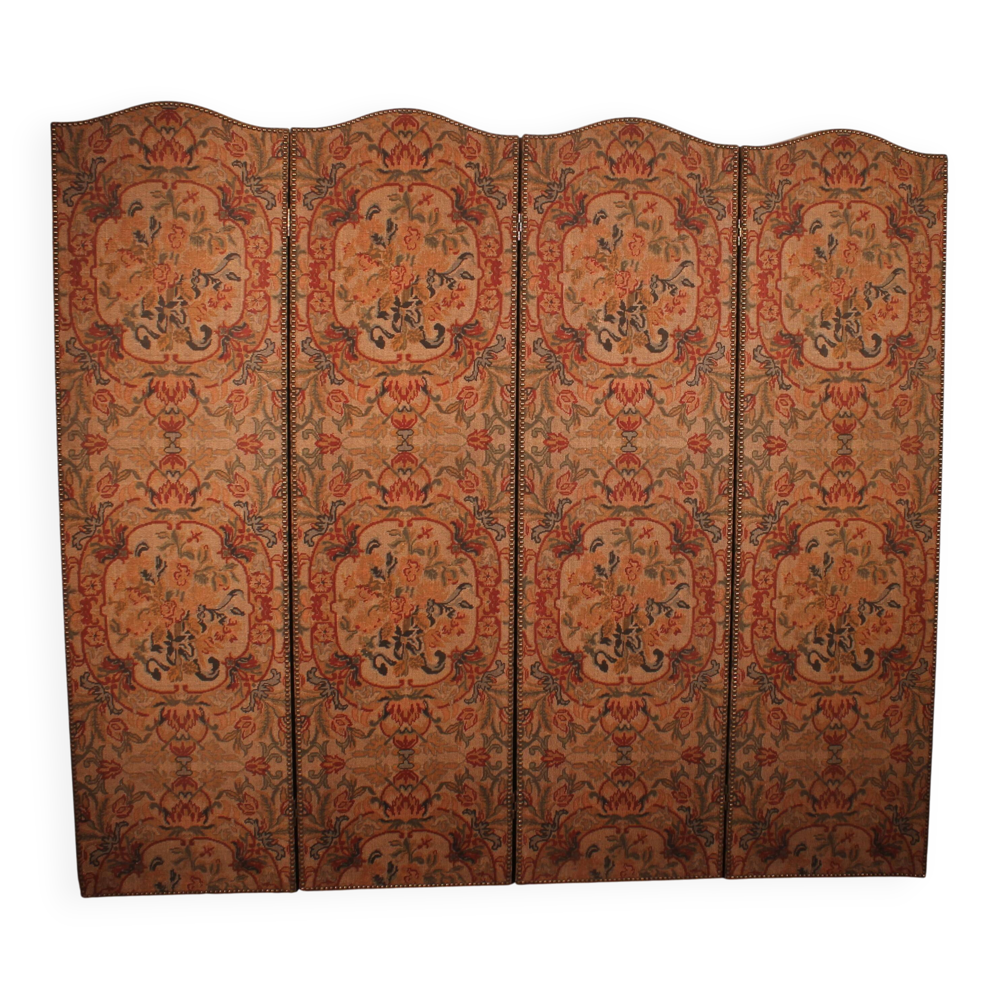 four-panel screen painted on 19th century fabric