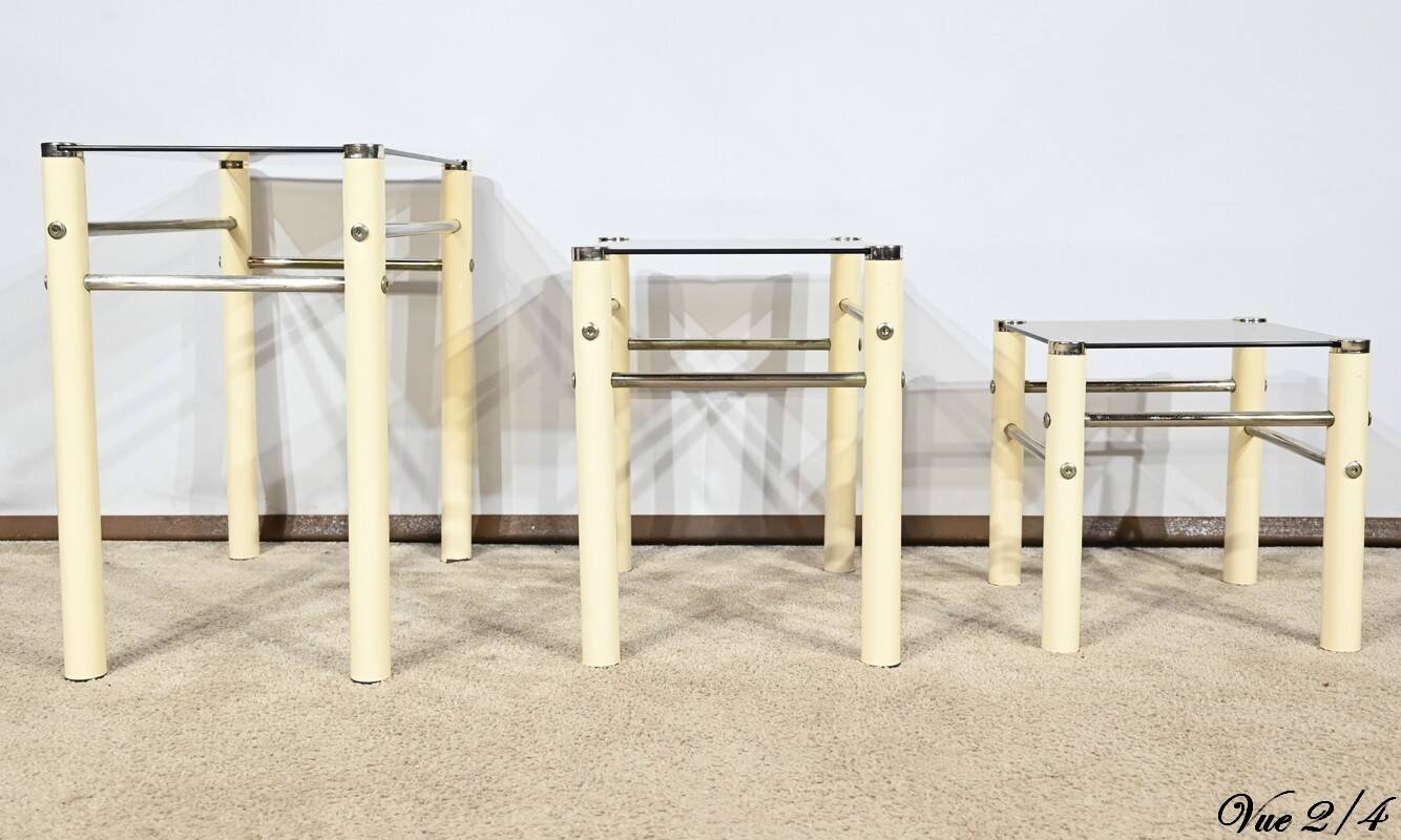 Tables Gigognes en Métal Beige, attribuées à Yves Boutboul – 1970