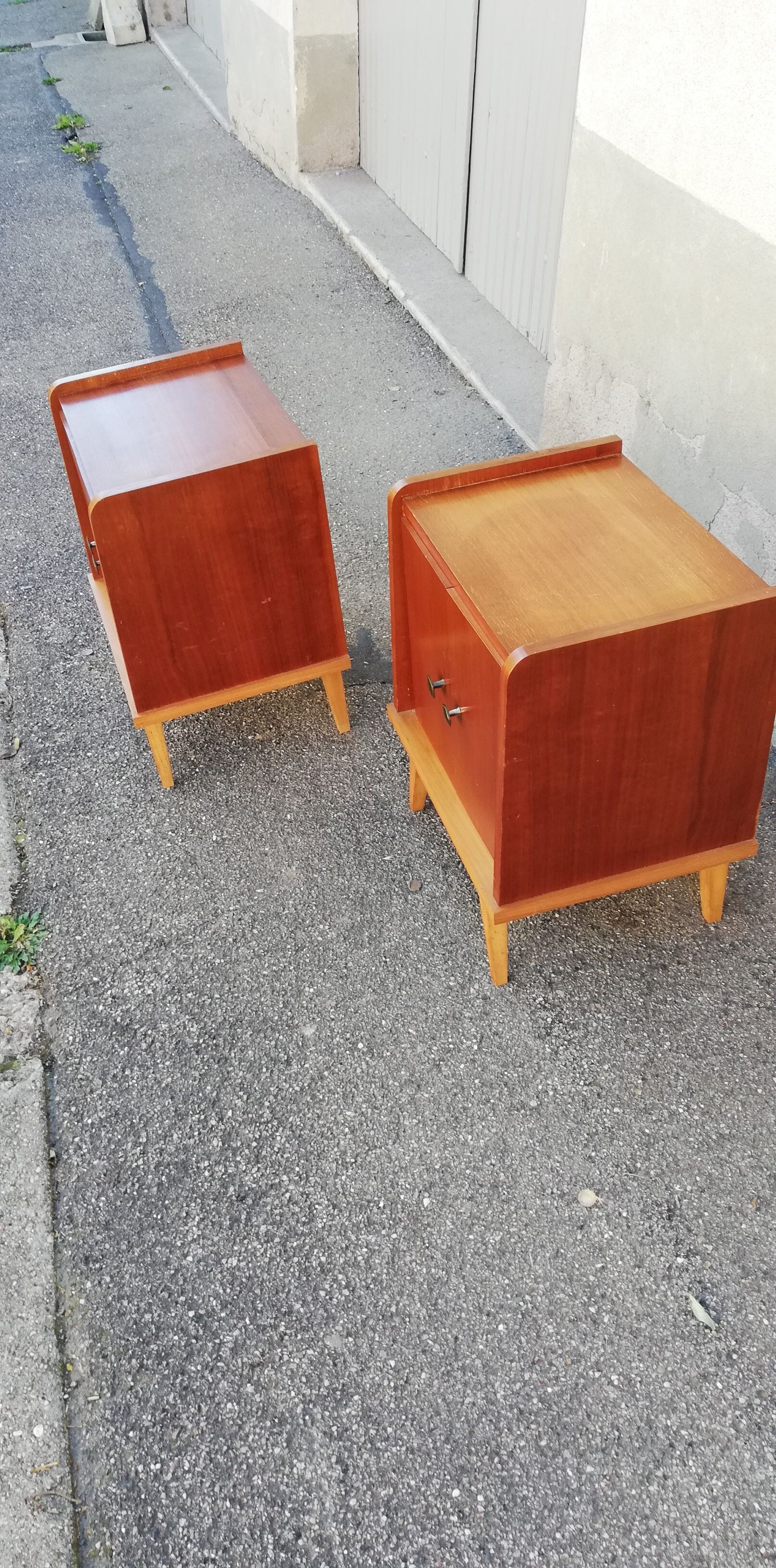 Pair of vintage wooden bedside tables 2 tones