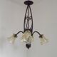 French Art Nouveau Leaf Detail Iron 3 Light Chandelier Amber Glass Shades