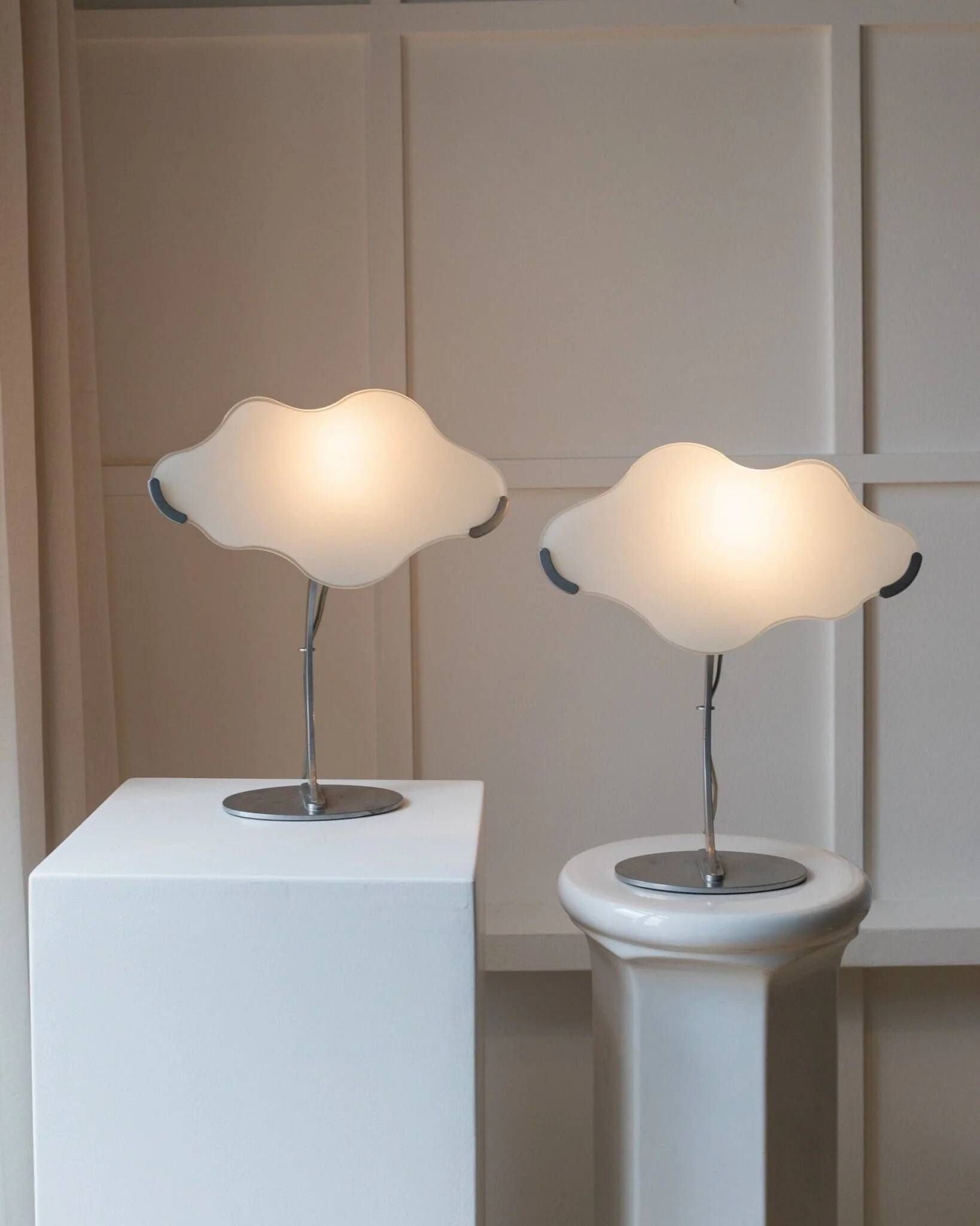 Pair of White Murano Glass Cloud Table Lamps with Chrome Stems, Italy 1980s