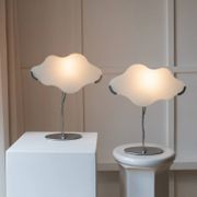 Pair of White Murano Glass Cloud Table Lamps with Chrome Stems, Italy 1980s