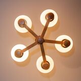 Lustre scandinave à 5 branches, opaline, bois et laiton, 1960