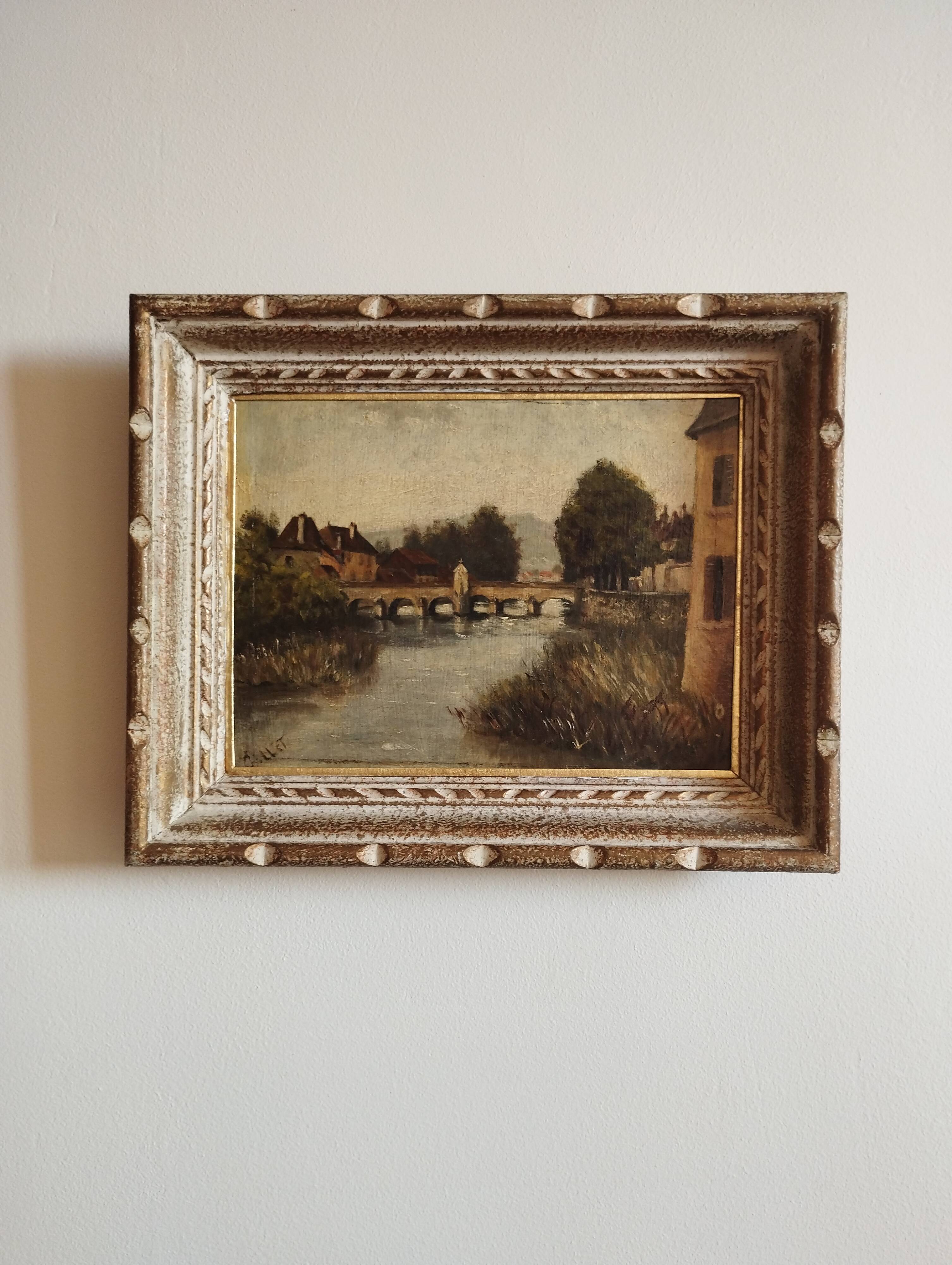 Landscape painting, old oil on cardboard framed signed GILLET.