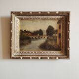 Landscape painting, old oil on cardboard framed signed GILLET.