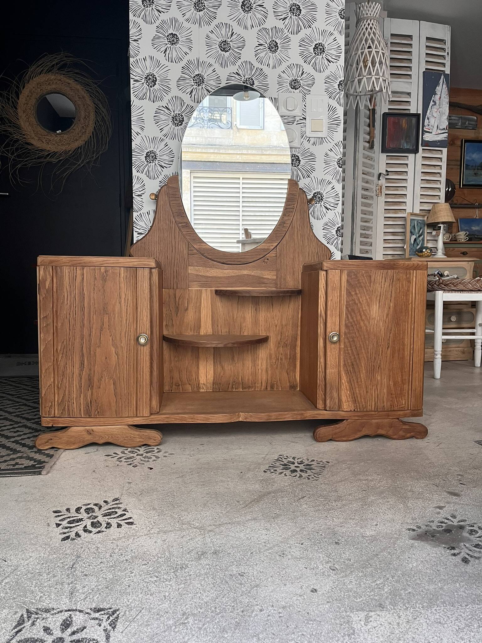 Coiffeuse buffet vintage Art Déco Mélissande 2 portes et miroir