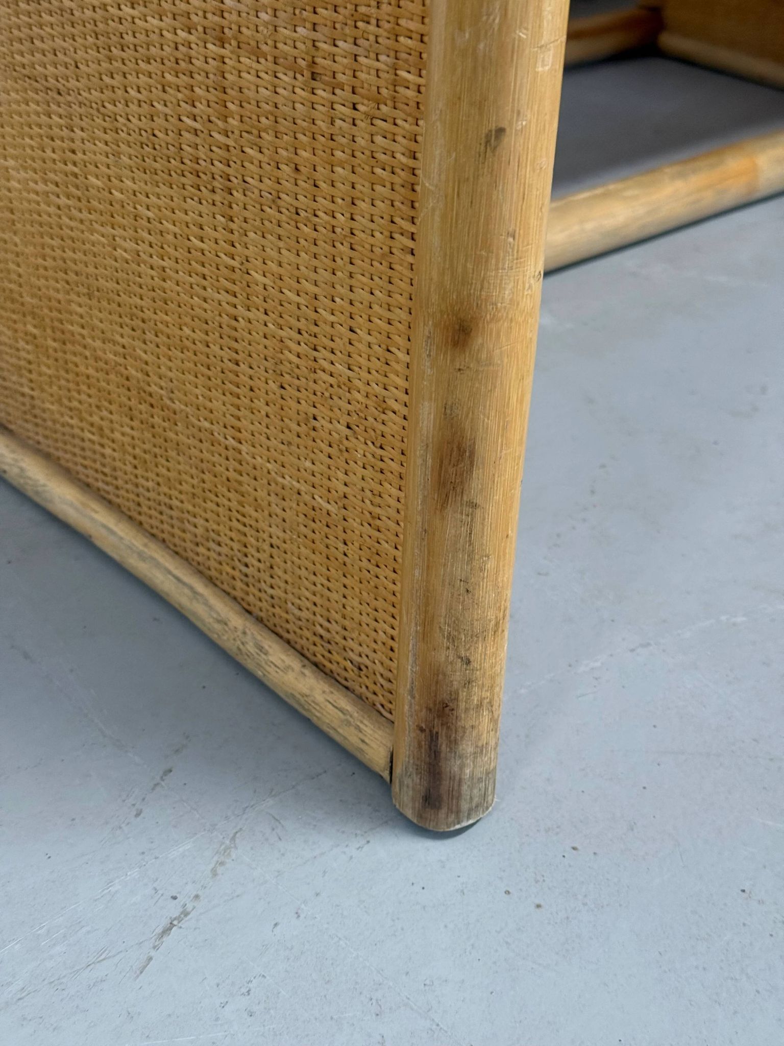 Vintage bamboo and woven rattan desk — glass top