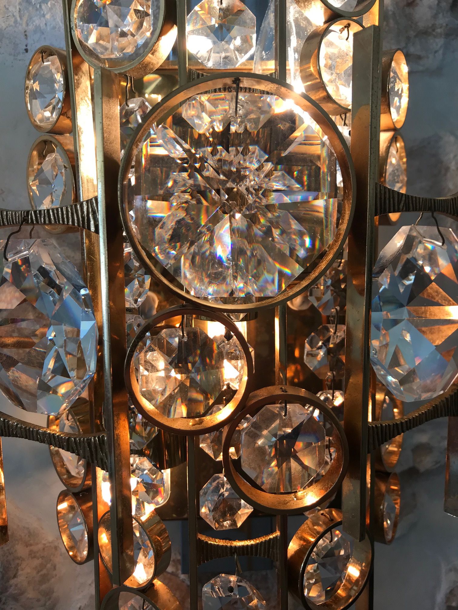 Pair of sconces Palwa in gold metal and Crystal 1960