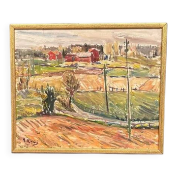 Original Swedish Oil on Panel – “Landscape” by Alexander Roos (1895–1973) – Signed – Vintage & Framed – 48 × 41 cm