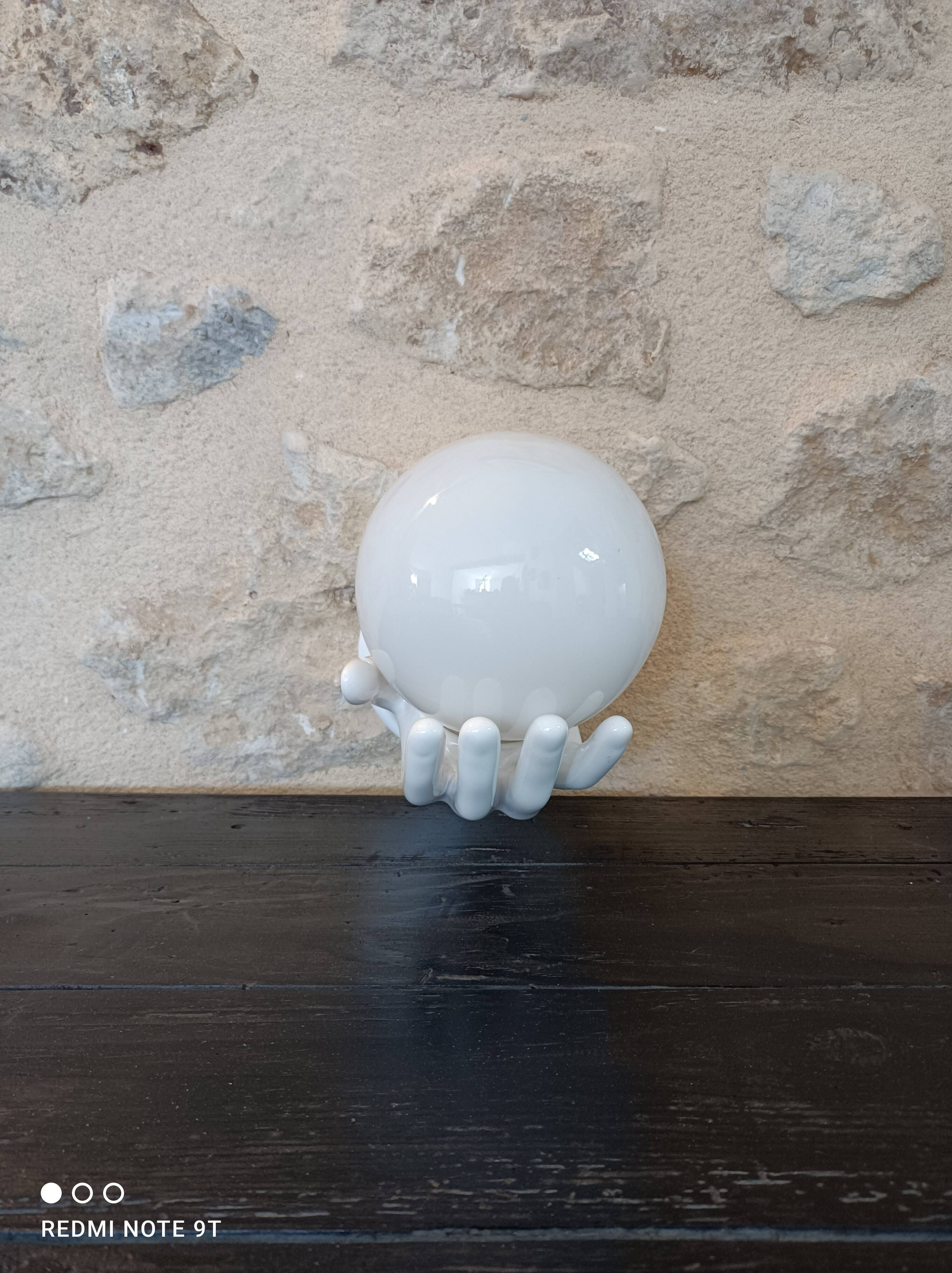 White ceramic hand and opaline globe 70s