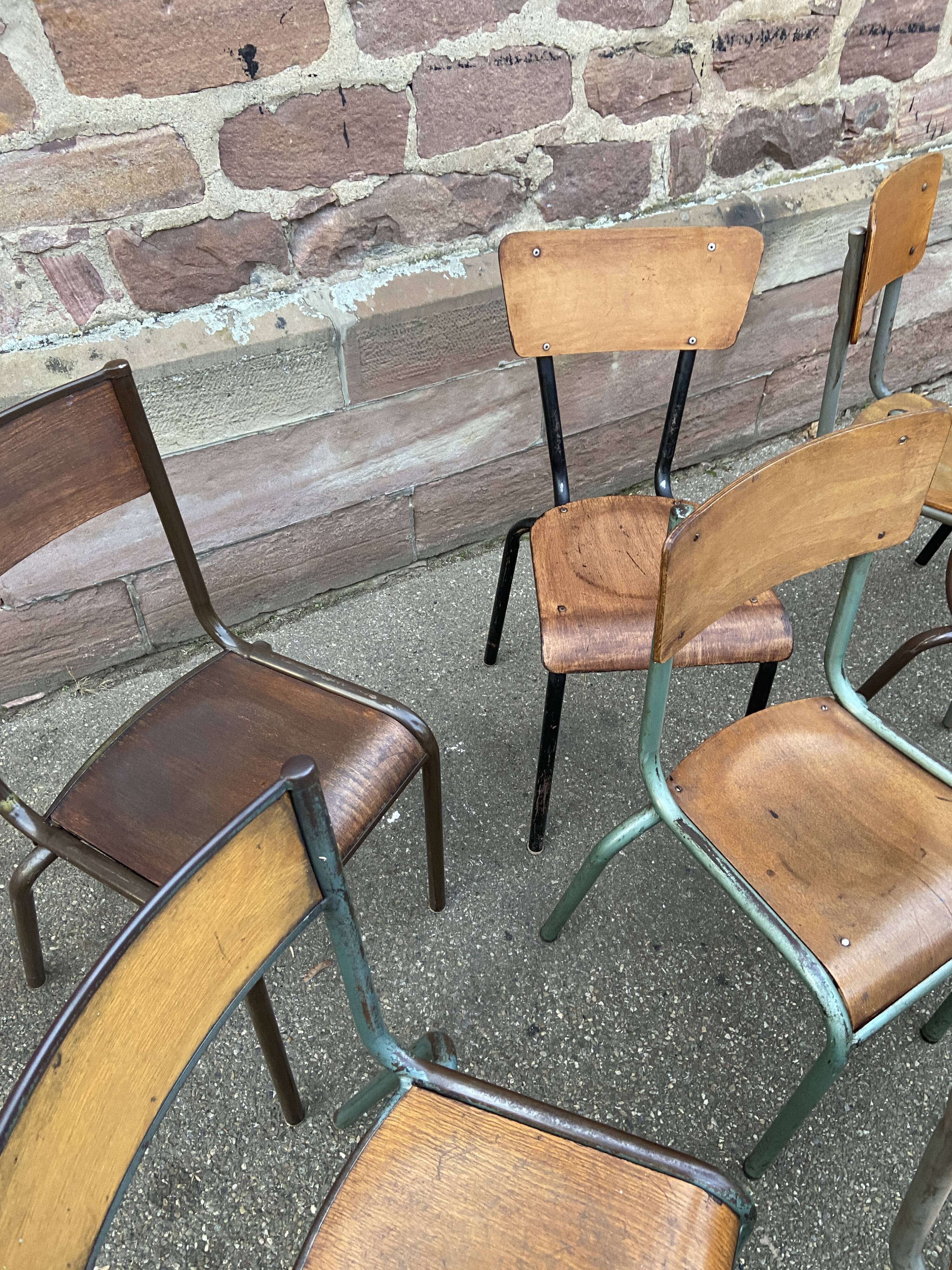 Set of 10 vintage mismatched industrial chairs mullca