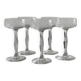 5 chiseled glass cocktail glasses.