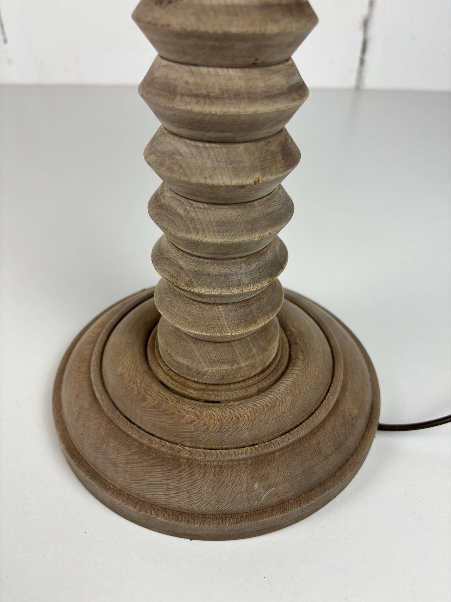 Wabi sabi brutalist wood turned table lamp in the style of Charles Dudouyt