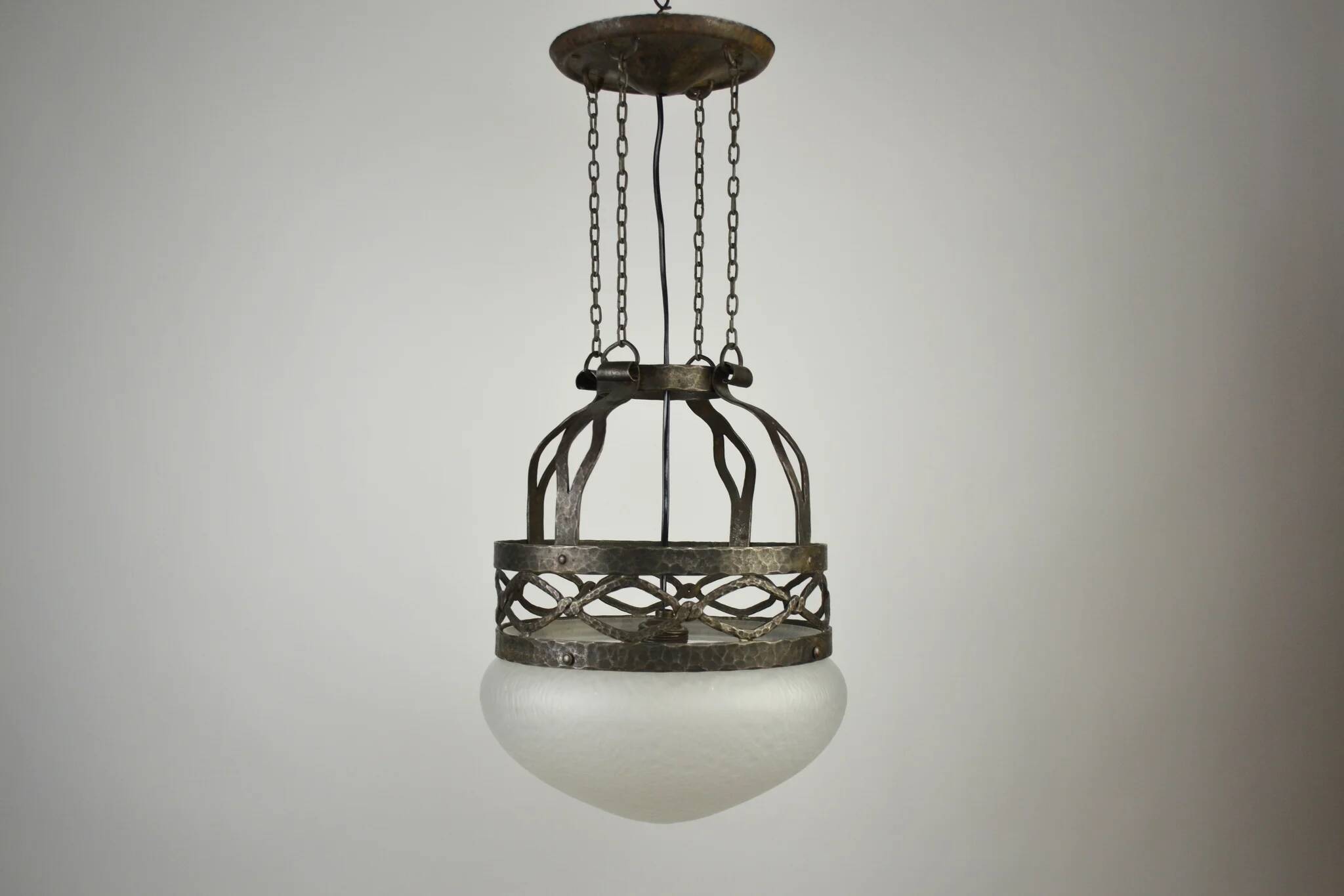 Ceiling lamp, hand-forged hammered iron with glass shade, early 20th century, Sweden