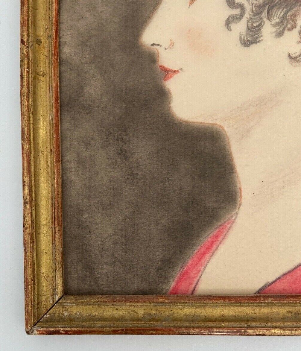 Aquarelle sur papier calque portrait femme travail debut xxe cadre dore